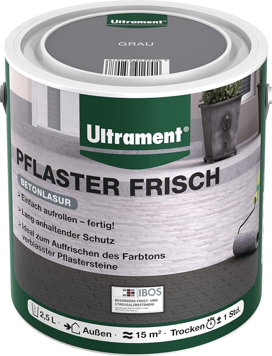 Ultrament Paving Fresh Concrete Stain - Grijs, 2,5 liter: Gemakkelijk aan te brengen, UV- en weerbestendig, sneldrogend, ideaal voor buitenruimtes en absorberende betontegels.