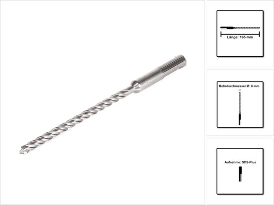 Makita SDS-plus boor 6x165mm, met diagrammen voor lengte, diameter en opname.
