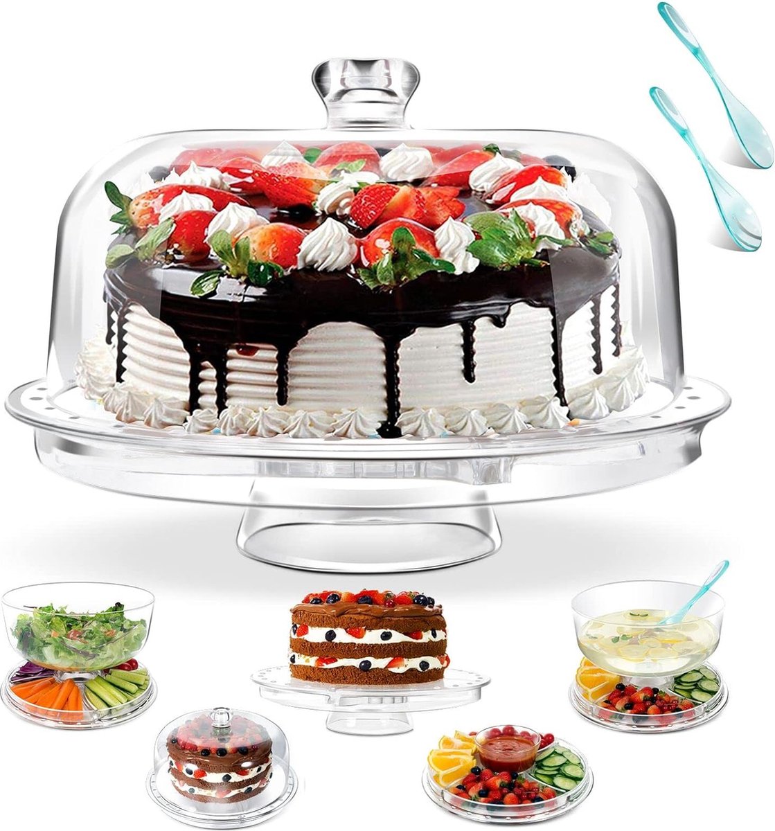 Taartplateau, taartstandaard met deksel, 6-in-1 multifunctioneel taartbord met voet en kap, transparant taartplateau rond, 31 cm, 2 lepels