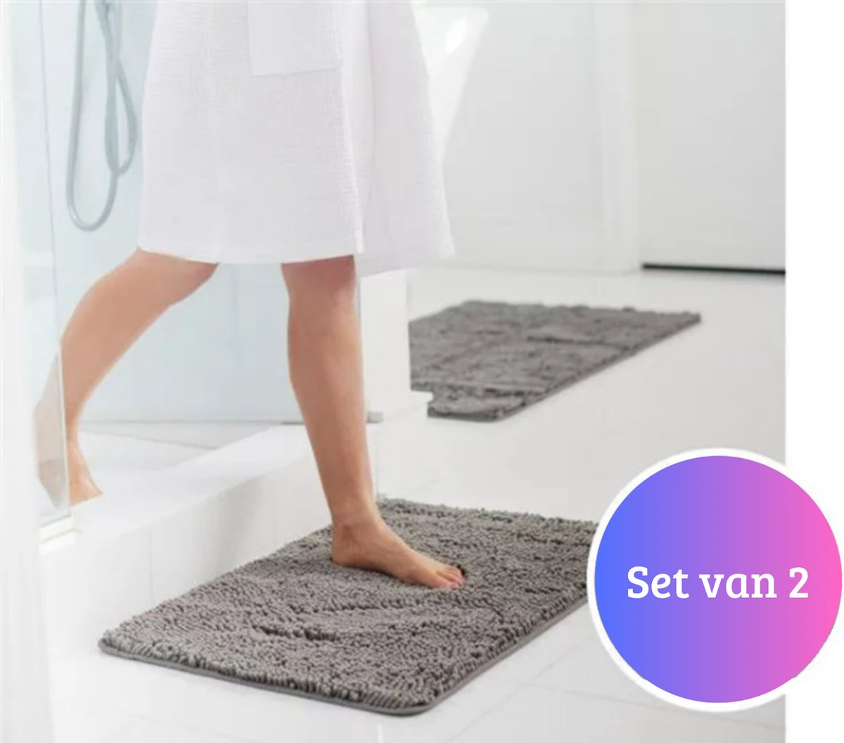 Janse® Badmat 40 x 60 set van 2 - Badkamermat - Douche mat - Antislip - Toilet – Warm - Zacht - Hoogpolig - Grijs - matten - Janse