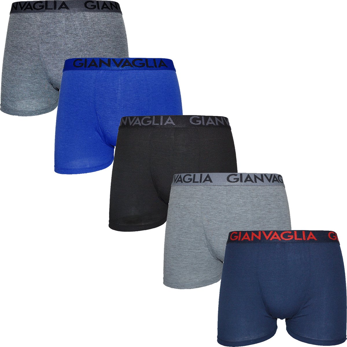 Gianvaglia 023 Heren Boxershorts 5-pak – Effen – Blauw/Zwart/Grijs maat XL