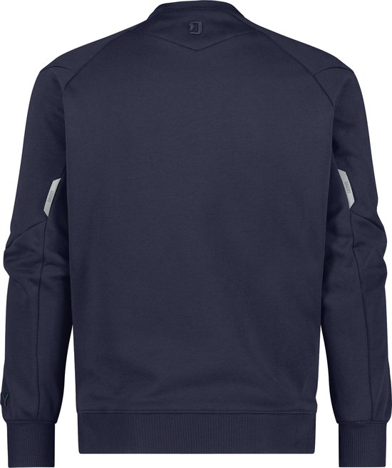 Donkerblauwe DASSY sweater, achterkant, met reflecterende details op de mouwen.