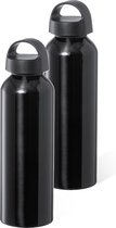Bellatio Design Waterfles/drinkfles/sportfles - 2x - metallic zwart - aluminium - 800 ml - schroefdop