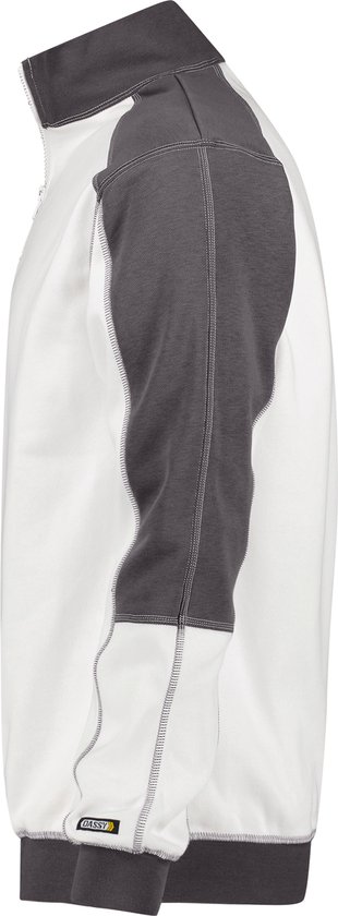 Zijaanzicht van witte sweater met donkergrijze mouw en een grijze boord.