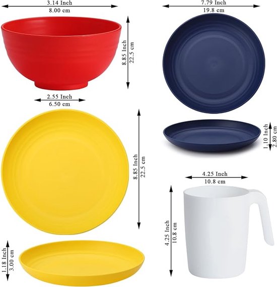 FUNYKICH 44 stuks plastic serviesset, onbreekbare borden en kommensets, herbruikbare dinerset voor 4 met borden, kommen, kopjes, bestekset (mes, vork, lepel), fruitvorken, vaatwasmachinebestendig en