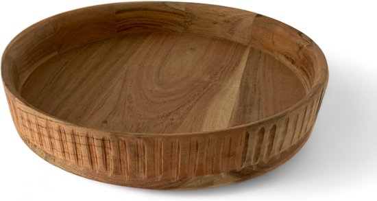 Ronde, houten fruitschaal met verticale groeven aan de buitenkant. Gemaakt van acaciahout.
