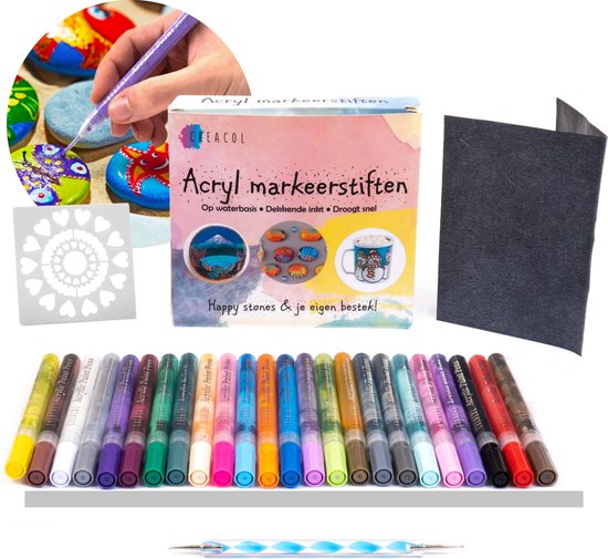 CREACOL Acryl Stiften – 24 Verfstiften- Happy Stones Stiften - Acrylstiften voor Stenen Schilderen