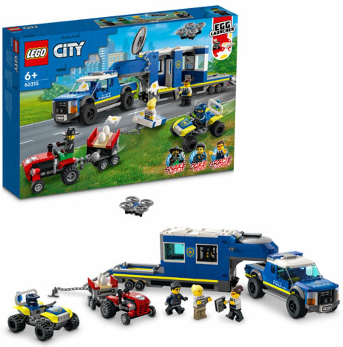 LEGO® City Mobiele commandowagen politie 60315 bouwset voor kinderen vanaf 6 jaar; met een pick-uptruck en aanhanger met gevangenis, een terreinwagen en een drone, een tractor met eier-aanhanger en 4 minifiguren (436 onderdelen) — afbeelding 6