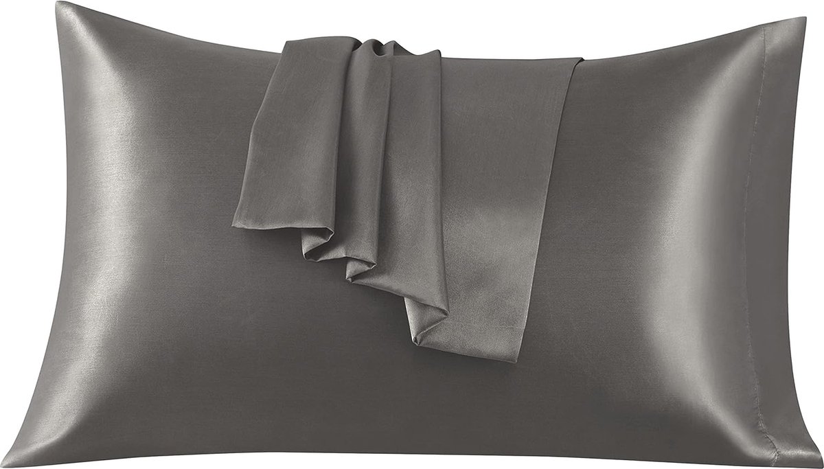 Azalia Set van 2 kussenslopen van satijn, 50 x 75 cm, donkergrijs, voor bed, zacht bij aanraking, met zaksluiting, antimijt en hypoallergeen, bescherming voor haar, huid en antirimpels