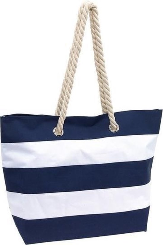 Strandtas gestreept blauw/wit 47 cm - Strandartikelen beach bags/shoppers met klittenbandsluiting