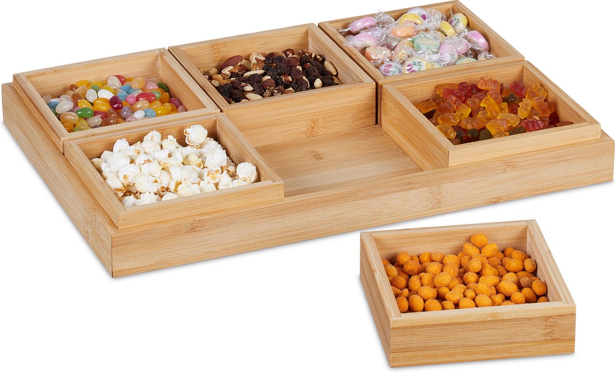 serveerschaal met vakjes - bamboe - 6 schaaltjes - voor snacks - chips