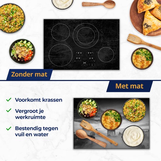 Chefcare Inductie Beschermer Boeddha Beeld in de Mist - Zwart Wit - 65x52 cm - Afdekplaat Inductie - Kookplaat Beschermer - Inductie Mat