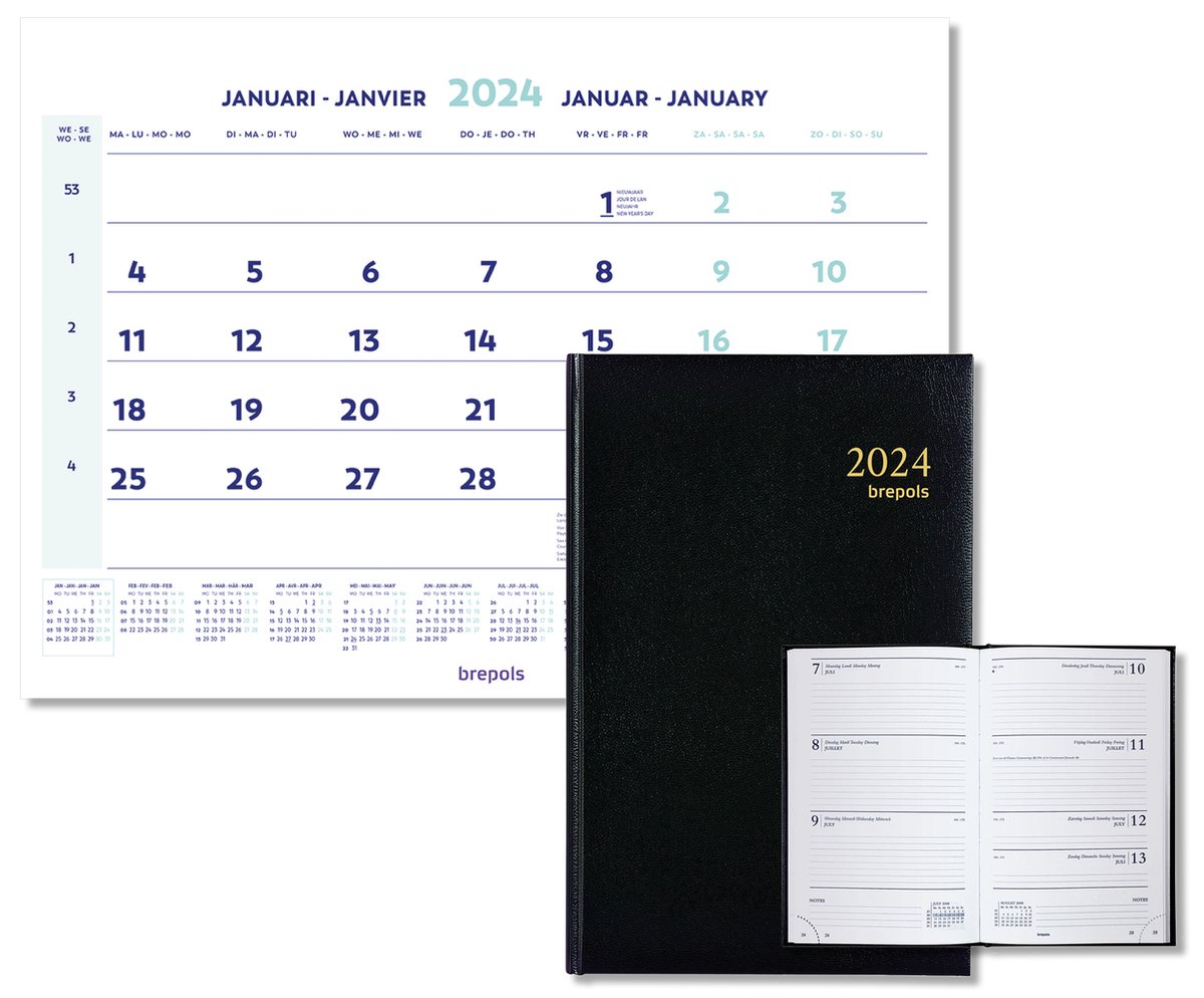 Brepols Bureau-agenda 2024 - Week op 2 pagina - Saturnus 231 - Weekoverzicht - Lima kunstleder - 13,3 x 20,8 cm - Zwart + Brepols Kalender 2024 - Maandkalender - wire-o - 43 x 31,5 cm