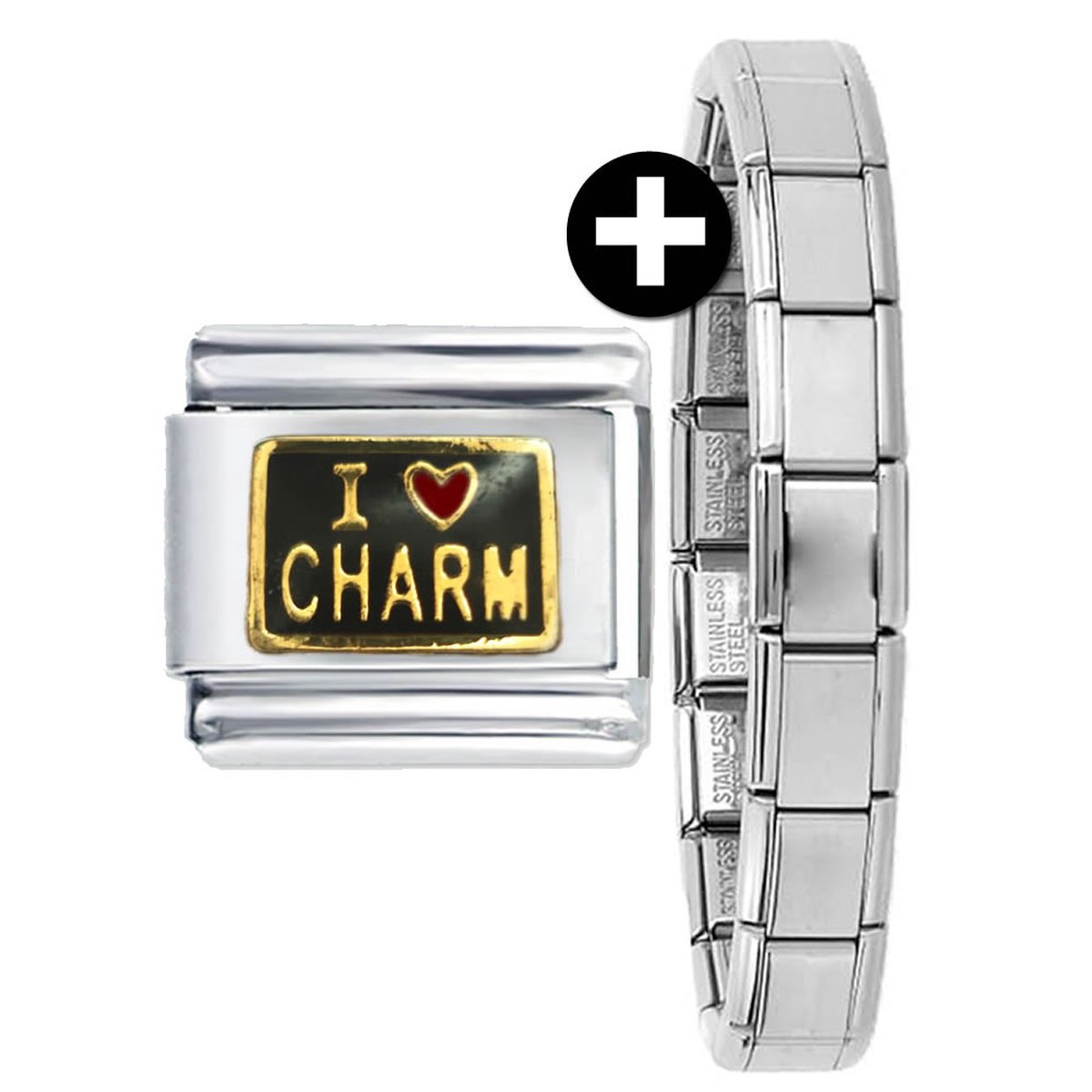 Schakel/Bedel - I Love Charm - plus armband - 9mm - Geschikt voor Nomination armband - Schakelarmband - Charm - Zwart/Goud