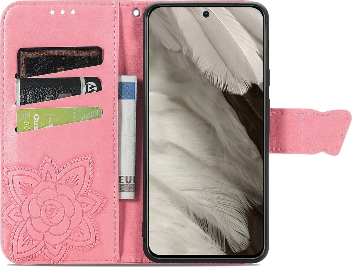 Mobigear Telefoonhoesje geschikt voor Google Pixel 8 Hoesje | Mobigear Butterfly Bookcase Portemonnee | Pasjeshouder voor 3 Pasjes | Telefoonhoesje voor Pinpas / OV Kaart / Rijbewijs - Roze