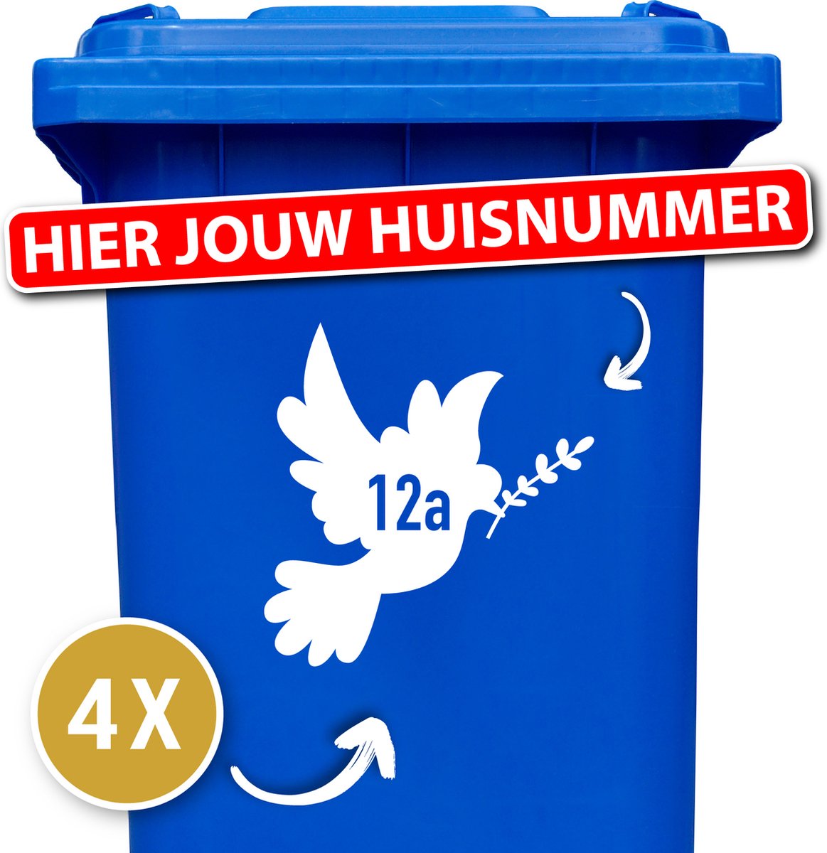 Container Sticker Huisnummer + Duif Vogel 4 Stuks - wit - 20 x 20 cm - kliko Sticker Voordeelset - Containerstickers - Weerbestendige Stickers - Stickers Buiten - Containersticker Huisnummer - klikostickers - Cijfer Sticker - Kliko Sticker Huisnummer
