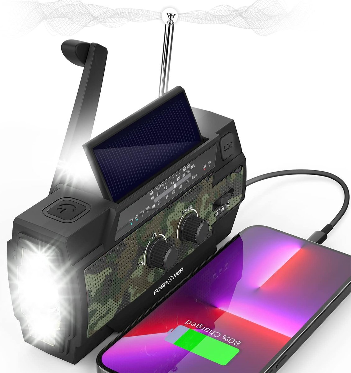 Solar Noodradio - Survival radio - Opwindbare radio - Solar opwindbaar - Noodpakket rampenrugzak - met zaklamp en 2000 mAh powerbank - Op batterijen voor rampen - Camo - met baterijen