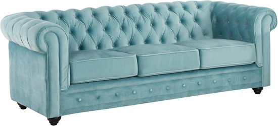 Driezitsbank CHESTERFIELD - fluweel - pastel blauw L 205 cm x H 72 cm x D 88 cm