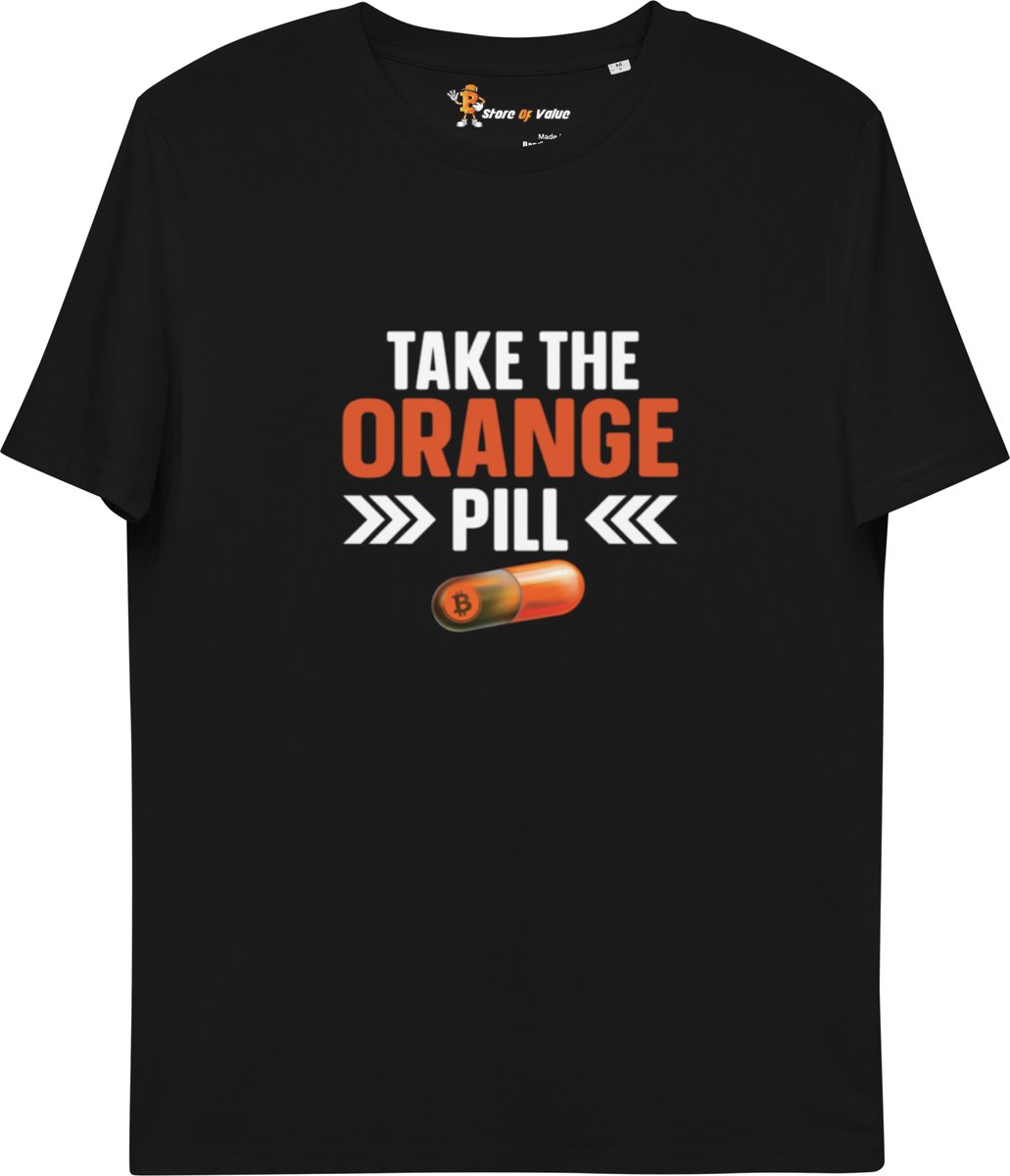 Bitcoin T-shirt Take The Orange Pill - Unisex - 100% Biologisch Katoen - Kleur Zwart - Maat L | Bitcoin cadeau| Crypto cadeau| Bitcoin T-shirt| Crypto T-shirt| Crypto Shirt| Bitcoin Shirt| Bitcoin Merch| Crypto Merch| Bitcoin Kleding| Crypto Kleding