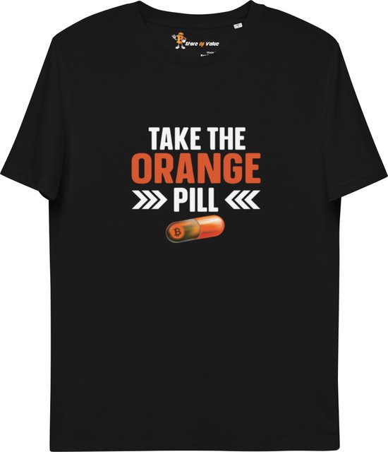 T-shirt Bitcoin Take The Orange Pill - Unisexe - 100% Katoen Bio - Couleur Zwart - Taille L | Cadeau Bitcoin| cadeau crypto| T-shirt Bitcoin| T-shirt crypto| Chemise crypto| Chemise Bitcoin| Produits Bitcoin| Produits cryptographiques