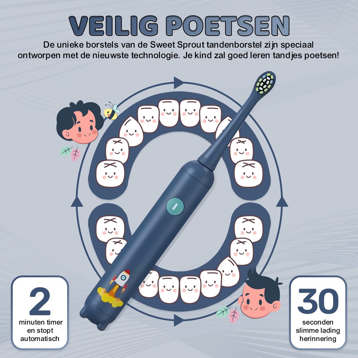 Afbeelding 3 van Sweet Sprout Sonische Elektrische Tandenborstel Kinderen - Baby en Peuter - Inclusief 3 opzetstukken en timer - 0 t/m 4 jaar
