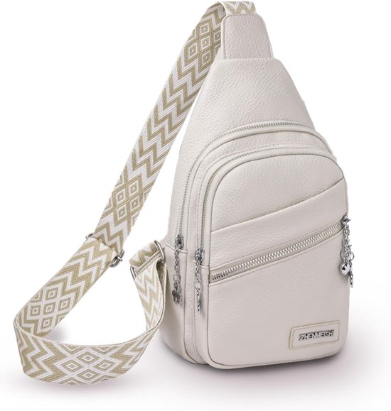 Dames sling bag borsttas, crossbody bag voor vrouwen, PU schoudertas, waterdicht, kleine schoudertas met ritssluiting en brede riem voor sport, winkelen, vakantie. Wit