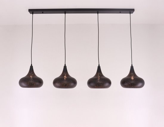 Hanglamp - 4lichts - zwart met gouden binnenkant - 150cm