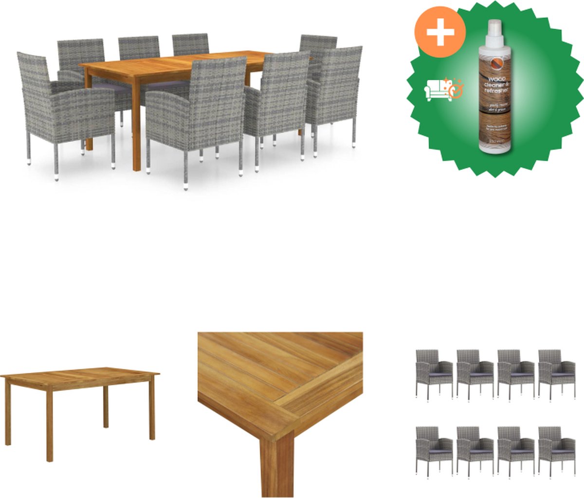 VidaXL Tuinset Acaciahouten Eettafel 200x90x74 cm Grijze PE Rattan Eetstoelen 8 Stoelen Kussens Tuinset Inclusief Houtreiniger en verfrisser