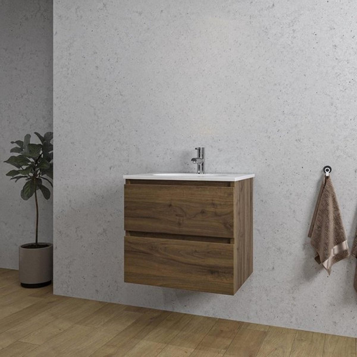 Saniclass Chaci Badkamermeubelset - 60x45x55cm - keramische wastafel glans wit - 1 wasbak - 1 kraangat - 2 lades - noten