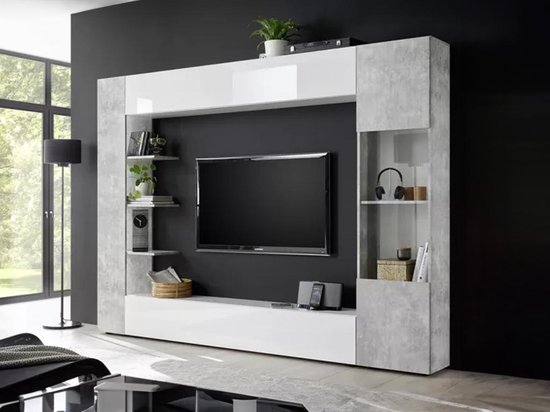Mur TV avec rangement SIRIUS - Coloris : blanc laqué et béton | bol