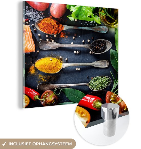 MuchoWow® Peinture sur Verre - Herbes - Cuillères - Cuisine - Épices - 50x50 cm - Peintures sur Verre Acrylique - Photo sur Glas