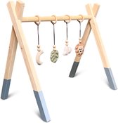 Houten babygym | Massief houten speelboog tipi vorm met jungle hangers - denim drift | toddie.nl
