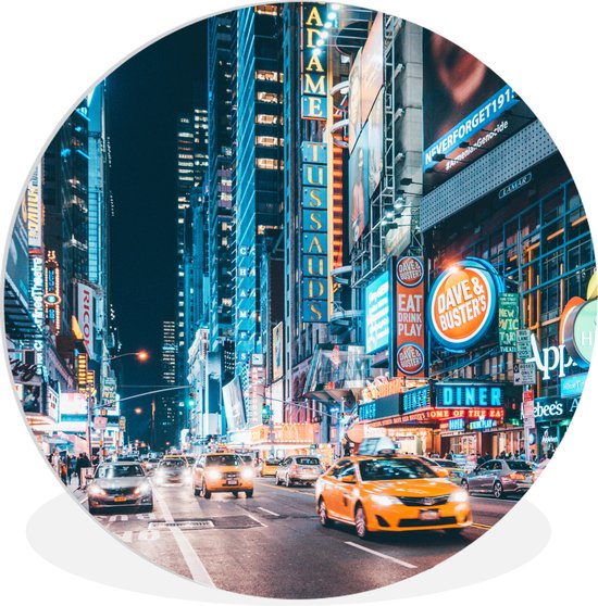 Muurcirkel - Wandcirkel - New York - Times Square - Taxi - Verlichting - Verkeer - Rond schilderij - Kunststof - ⌀ 90 cm - Wanddecoratie rond - Muurcirkel binnen - Slaapkamer
