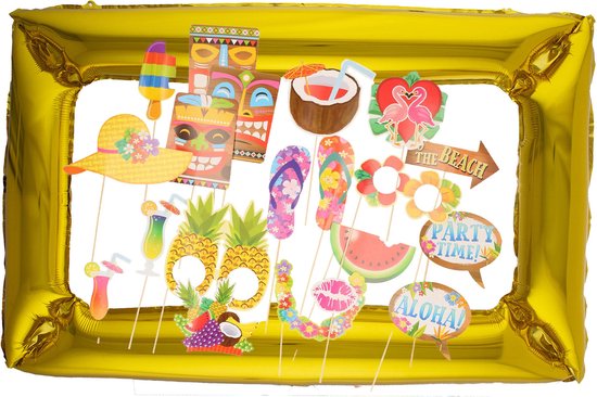 Foto prop set met frame - goud - Hawaii/Tropical thema feestje - 21-delig - photo booth accessoires