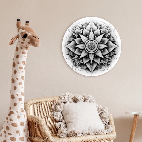 WallCircle - Cercle mural ⌀ 60 - Mandala - Zwart - Wit - Fleurs - Tableaux ronds salon - Plaque murale ronde - Cercle de Décoration murale - Décoration de chambre à l'intérieur - Cercle Décoration murale - Accessoires de maison