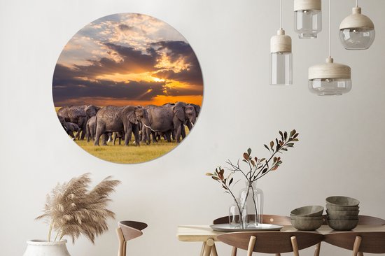 Cercle Mural - Cercle Mural Intérieur - Troupeau d'éléphants au Bord d'un Lac - ⌀ 120 cm - Décoration murale - Peintures Ronds XXL