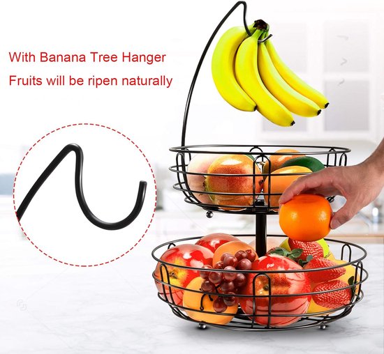 2-Laags Fruitmand met Bananenhouder - Metalen Keuken Organizer 2-Laags Fruitmand met Bananenhouder - Metalen Keuken Organizer