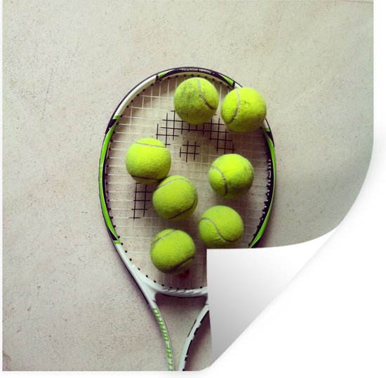 Sticker Muursticker Tennis - Raquette de tennis avec de nombreuses balles de tennis - 30x30 cm - film adhésif autocollant - sticker mural repositionnable