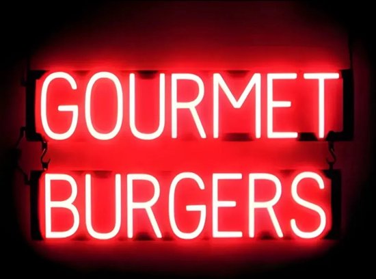 GOURMET BURGERS - Lichtreclame Neon LED bord verlicht | SpellBrite | 73 x 38 cm | 6 Dimstanden - 8 Lichtanimaties | Reclamebord neon verlichting