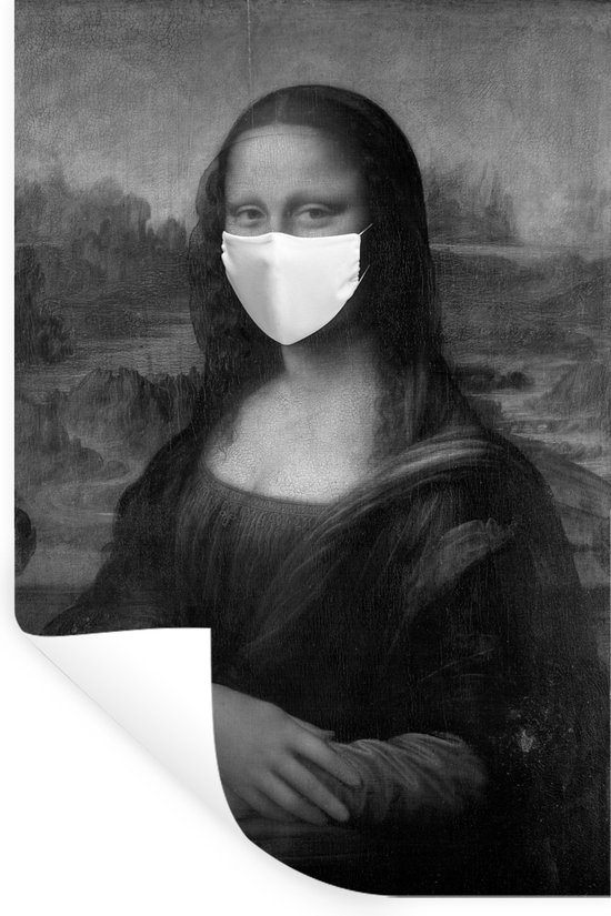 Muurstickers - Sticker Folie - Mona Lisa met een blauw mondkapje - schilderij van Leonardo da Vinci - zwart wit - 60x90 cm - Plakfolie - Muurstickers Kinderkamer - Zelfklevend Behang - Zelfklevend behangpapier - Stickerfolie