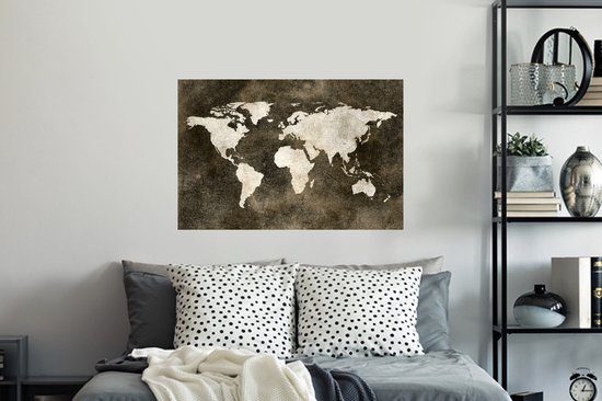 Sticker Muursticker Cartes du monde du Wereldkaart avec motif texturé dans les tons marron - 90x60 cm - Film adhésif autocollant - Sticker mural repositionnable
