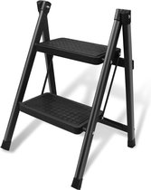 Trapladder 2 treden, ladder opklapbare trap, stalen vouwladder tot 250 kg, trapladder opvouwbare opstapkruk antislip huishoudladder, klein en compact, zwart