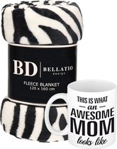 Cadeau moeder set - Fleece plaid/deken zebra print met Awesome Mom mok - Mama ontspanning cadeau kerst, moederdag, verjaardag