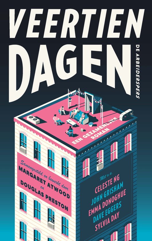 Couverture du livre 'Veertien Dagen', un roman compilé par Margaret Atwood et Douglas Preston, avec des groupes de personnes sur le toit.
