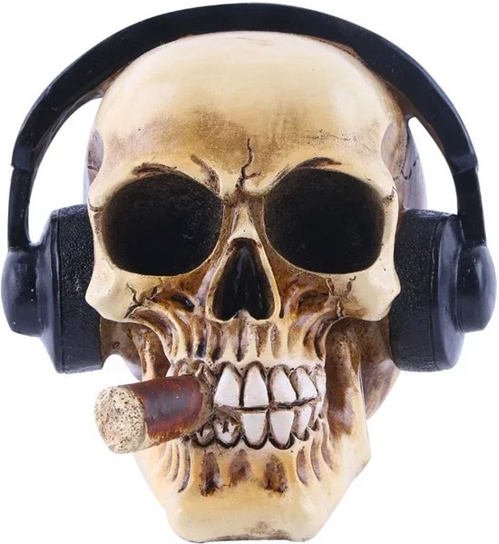 Doodshoofd Gangster Beeld - Sigaar - Muziek - Koptelefoon - Chillen - Skull - Decoratie - Woonkamer - Sculptuur