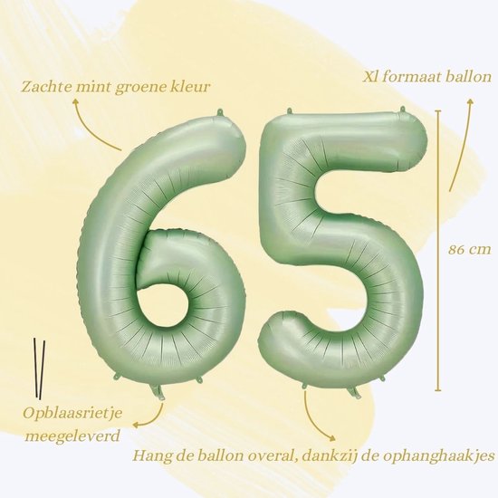 XL ballon in de vorm van de cijfers 6 en 5, zacht mintgroene kleur, 86 cm hoog, inclusief rietje en ophanghaakjes.