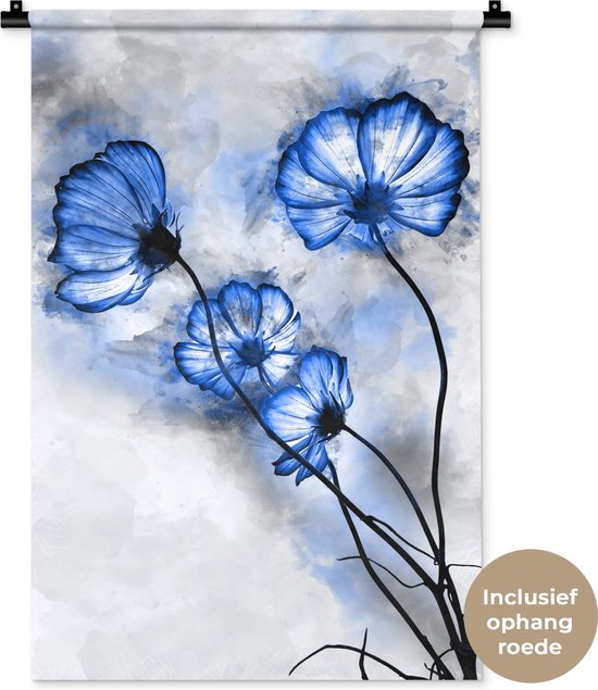 Wandkleed - Wanddoek - Bloemen - Waterverf - Blauw - 60x90 cm - Wandtapijt