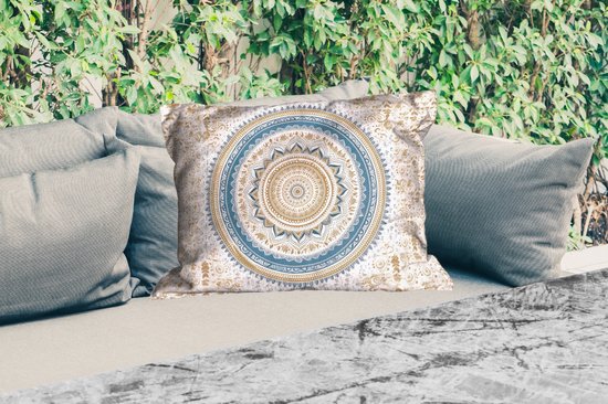 Coussins d'extérieur - Mandala - Blauw - Bohème - Wit - Design - 60x40 cm - Résistant aux intempéries