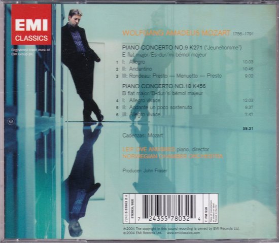 CD hoes met een man in zwart pak, staand op een spiegelende vloer. Tekst: Mozart Piano Concerto No.9 K271 & No.18 K456.
