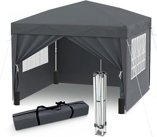 Pop up partytent - Partytent opvouwbaar - Vouwtent - Partytent opvouwbaar met zijwanden - 290x 290 x 260 cm - 14,7 kg - Grijs